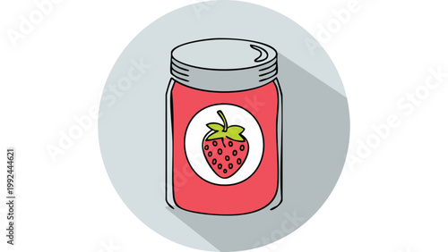 Strawberry jam jar with label displayed as sweet preserved fruit in minimal illustration style vector