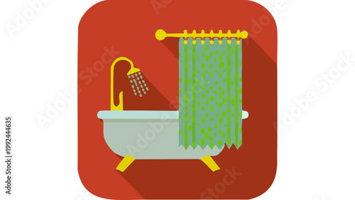Bathtub with shower curtain and running water shown in simple bathroom illustration design vector
