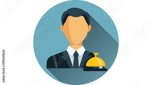 Male hotel staff holding service bell representing hospitality worker in professional illustration vector