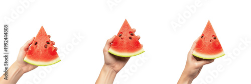 Fotografie Hand holding a watermelon slice Citrullus lanatus red fruit Sandía Pastèque Wass