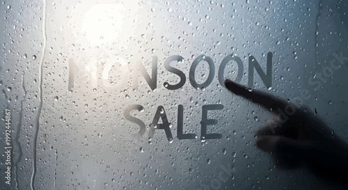 Monsoon sale text on wet surface with rainy season promotional background