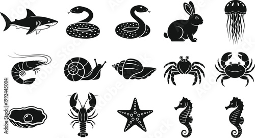 Animal silhouettes vector set including shark, snake, rabbit, jellyfish, crab, lobster, seahorse and shell, diverse wildlife icons in black isolated illustration collection