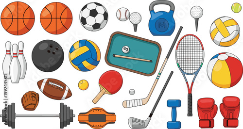 Sports equipment collection with balls, rackets, gloves, weights and fitness gear, diverse athletic items set for training, games and exercise vector illustration bundle