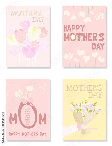 Happy Mother’s Day Vector Card Collection with Floral Illustrations and Handwritten Text
