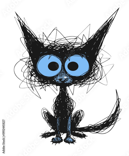 Black scribble cat with huge blue eyes, sketch doodle style, sitting cartoon character, isolated vector illustration on white background. Transparent background
