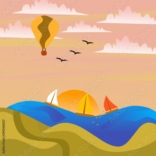 Sunset Seascape with Sailboats and Hot Air Balloon