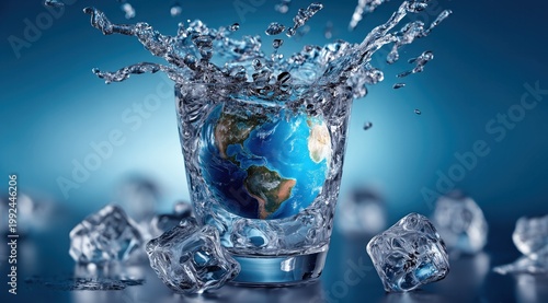 Un verre d'eau contenant la planète Terre avec éclaboussures d'eau et projection de glaçons sur fond bleu, concept de sensibilisation sur le gaspillage des ressources ou le réchauffement climatique.