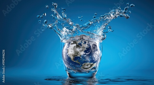 Un verre contenant la planète Terre avec éclaboussures d'eau sur fond bleu, concept de sensibilisation sur le gaspillage de l'eau naturelle, image avec espace pour texte.