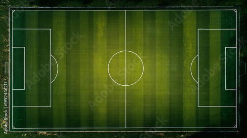 Aerial View of Football Field with Symmetrical Lines and Vibrant Green Grass, Minimal Design