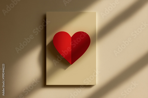 Minimalist Valentine's Day poster with a red heart on a beige background with space for text.