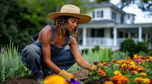 Une femme métisse séduisante en salopette et chapeau de paille, jardinant en s'occupant d'un parterre de fleurs colorées, maison d'habitation floue en arrière-plan.