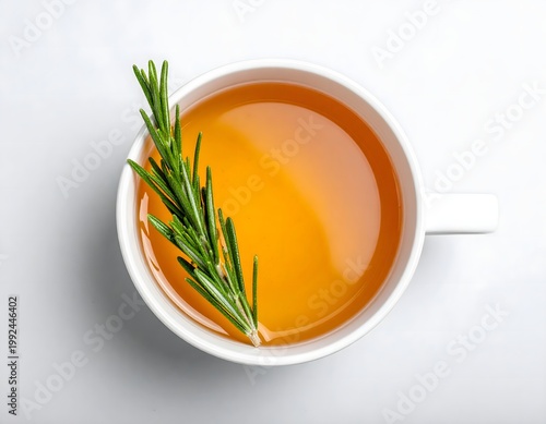 Rosemary herbal tea in white cup on bright background with copy space, calm wellness still life, soft studio lighting, 3D render style, AI generated digital art
