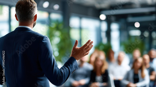Un intervenant, dans une journée de formation en entreprise, vue de dos, la main levée, avec personnes floues en arrière-plan.
