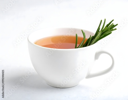 Minimal rosemary herbal tea in white cup on bright background with copy space, calm wellness still life, soft studio lighting, 3D render style, AI generated digital art