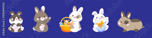 Set of bunnies. White and grey rabbits with Easter eggs. Spring season toys or mascots. Stickers for social networks. Flat vector collection