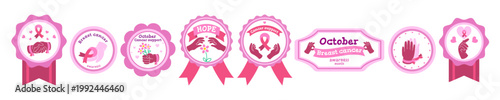 Cancer awareness stickers set. Pink ribbons and badges. Charity and donation, social campaign. Tags against breast cancer. Flat vector collection