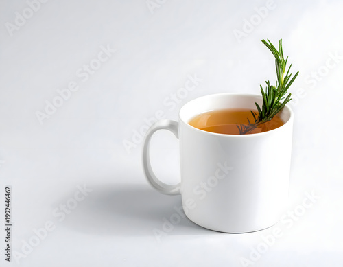 Minimalist Rosemary Herbal Tea in White Cup, Wellness and Organic Infusion Concept, Clean Studio Lighting, copy space, AI generated digital art
