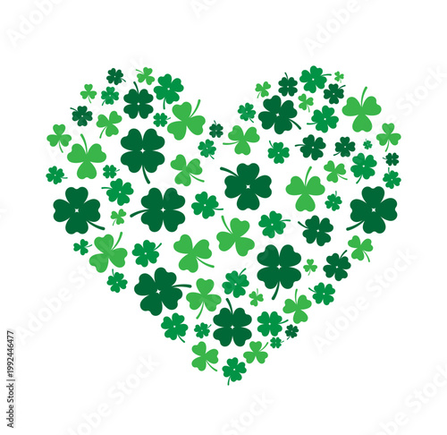 Clover heart poster. Green leaves in heart shaped pattern. Symbol of luck and fortune. Traditional Irish holiday. Saint Patricks day banner. Flat vector illustration