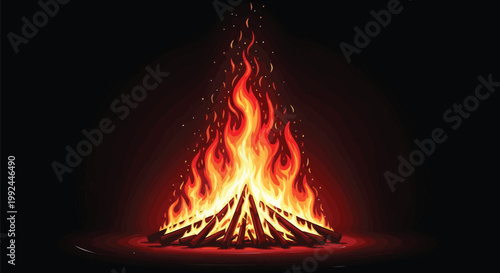 Realistic campfire vector illustration with glowing orange flames, burning wood logs and sparks on black background, blazing bonfire graphic