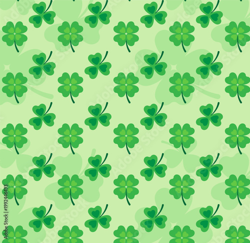 Clover seamless pattern. Repeating design element for printing on fabric. Texture and wallpaper with clovers. Traditional Irish holiday. Luck and fortune. Flat vector illustration