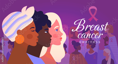 Breast cancer awareness poster. Women of different races and ethnicities near pink ribbon. International holiday. Diagnosis and treatment, healthcare. Flat vector illustration