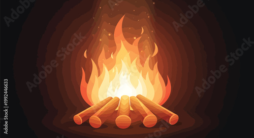 Stylized campfire vector illustration, glowing orange flames burning on wooden logs, warm bonfire background for camping and outdoor adventure