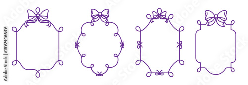 Violet frames set. Antique ornaments and patterns. Frames for photo and pictures. Element of decoration. Template and layout. Flat vector collection