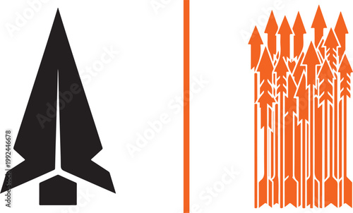 Minimalist black arrowhead icon and cluster of orange upward arrows vector illustration isolated on white background