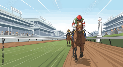 Professional horse racing vector illustration, jockey riding thoroughbred on racetrack, equestrian sports competition at stadium with grandstands