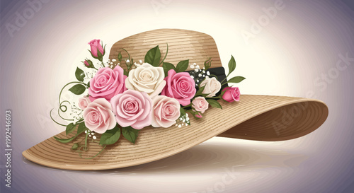 Vintage straw sun hat with pink roses, elegant wide brim summer hat with floral bouquet, classic feminine headwear for garden party and wedding