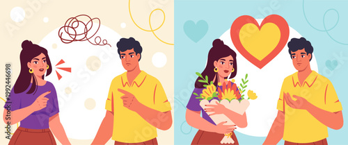 Happy and angry couple. Man and woman in love versus in conflict. Negative vs positive emotions. Romantic relationships between young people. Flat vector illustration