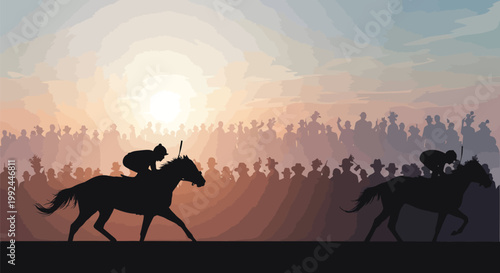 Horse racing silhouette at sunset, professional jockeys competing on racetrack, equestrian sports event with cheering crowd and golden hour sky