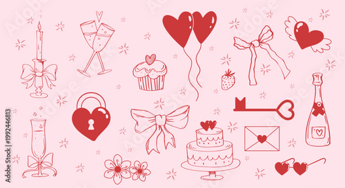Love sketches set. Red hearts, envelopes, cake and bow doodles. Romance and love. Wedding and marriage ceremony. Valentines day pack. Flat vector collection