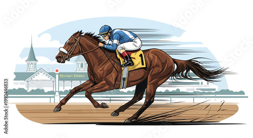 Professional horse racing vector illustration, jockey riding thoroughbred horse at full speed, equestrian sport event at racetrack stadium