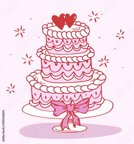 Love cake sketch. Tasty cake with red hearts and pink bows. Pastry and delicacy, dessert for wedding ceremony. Love and romance. Poster or banner. Flat vector illustration