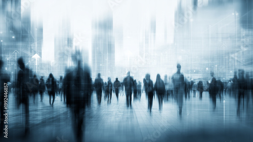 Blurred people moving through a futuristic city scene represent urban population flow, digital society, and the pace of modern human mobility.
