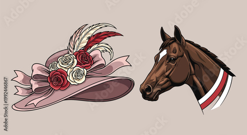 Vintage Kentucky Derby horse racing vector set, elegant woman's fascinator hat with roses and feathers, brown thoroughbred horse head illustration