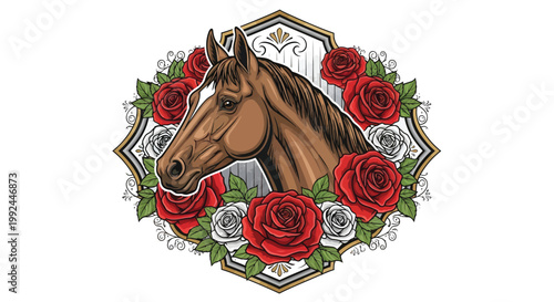 Vintage horse head portrait with red roses, elegant equestrian crest vector, classic stallion emblem with floral frame and ornate filigree