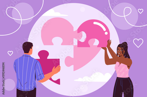 People with love puzzle. Man and woman assemble heart from puzzle pieces. Young couple in good romantic relationship. Collaboration and cooperation, support. Flat vector illustration