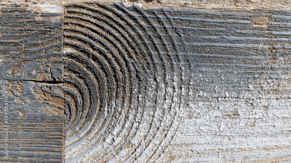 Fototapeta premium Weathered wooden surface displays prominent growth rings and grain texture in detail