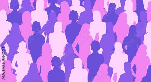 Bright people silhouettes. Men and women of different ethnicities and nationalities. Crowd of various guys and girls. Community and social group. Flat vector illustration