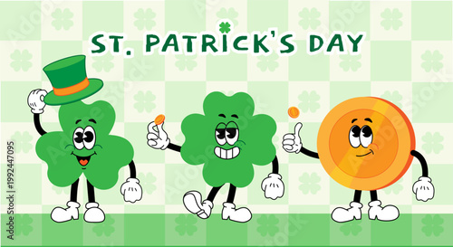 Saint Patricks Day poster. Golden coin and two clovers. Traditional Irish holiday or festival. Good luck. Cover or banner for website. Flat vector illustration