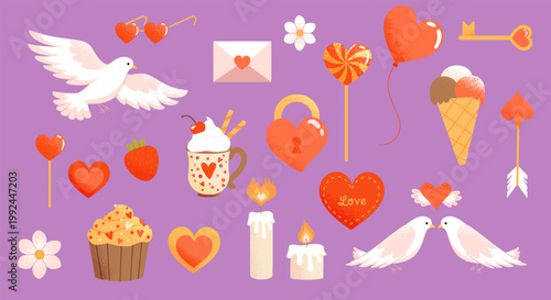 Valentines stickers set. Dove with hearts, ice cream, cupcake and envelope. Love, passion and romance. Pack for Valentines Day. Flat vector collection