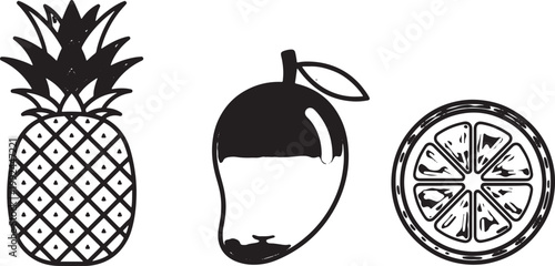 Fresh tropical fruits illustration: pineapple, mango, and orange slice, simple and modern design, perfect for healthy eating and summer themes