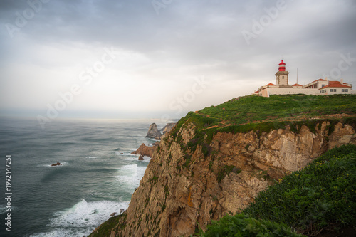 View of the Cabo da Roca Lighthouse. Sintra, Portugal. Copy space travel banner.