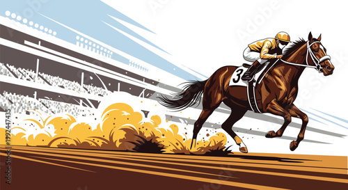 Horse racing vector illustration, professional jockey riding thoroughbred on dirt track, competitive equestrian sport at stadium with grandstand