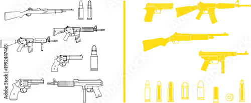 Firearms and ammunition vector illustration set with rifles pistols and bullets isolated on white background