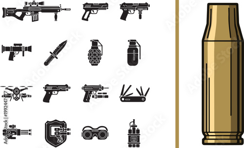 Set of military weapon icons and brass bullet casing vector illustration isolated on white background
