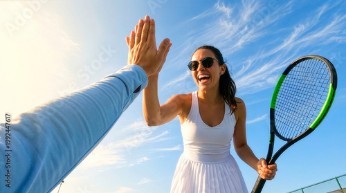 POV high-fiving smiling woman holding a tennis racket under clear blue sky