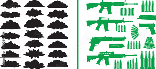 Vector collection of green firearm silhouettes and black smoke cloud icons isolated on white background